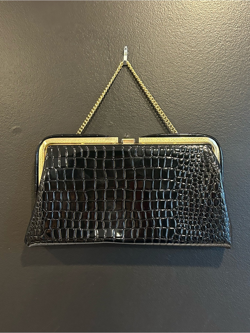 Vintage Black Croc Embossed Frame Clutch – Elongated East-West Evening Bag Gold
